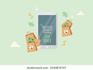 Eco-Friendly Mobile Shopping Sale Digital Illustration. smartphone que exibe venda ecológica. Compras ecológicas. Compras ecológicas. Contratos públicos sustentáveis. Ilustração vetorial.