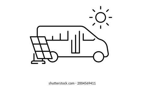 Eco-friendly motorhome vector outline icon. Solar panel with van bus. Renewable energy camper rv. Vanlife