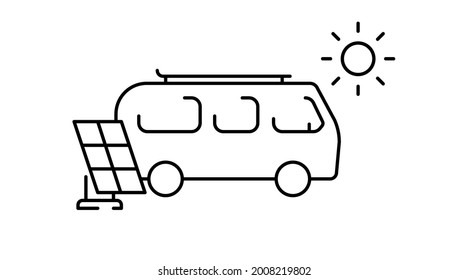 Eco-friendly motorhome vector outline icon. Solar panel with van bus. Renewable energy camper rv. Vanlife