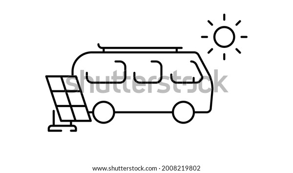 Eco-friendly motorhome vector\
outline icon. Solar panel with van bus. Renewable energy camper rv.\
Vanlife