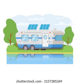 Eco-friendly motorhome.Solar panel van caravan.Renewable energy concept.Portable solar photovoltaic panel.Rv camper.Vector flat illustration.Mobile home.