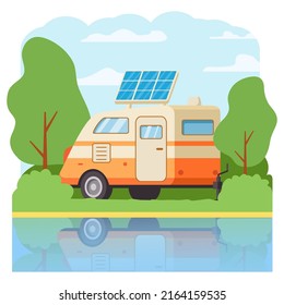 Eco-friendly motorhome.Solar panel van caravan.Renewable energy concept.Portable solar photovoltaic panel.Rv camper.Vector flat illustration.Mobile home.