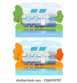 Eco-friendly motorhome.Solar panel van caravan.Renewable energy concept.Portable solar photovoltaic panel.Rv camper.Vector flat illustration.Mobile home.Autumn and Summer landscape.