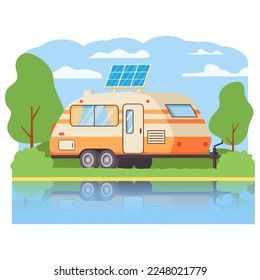 Eco-friendly motorhome.Solar panel van caravan.Renewable energy concept.Portable solar photovoltaic panel.Rv camper.Vector flat illustration.Mobile home.