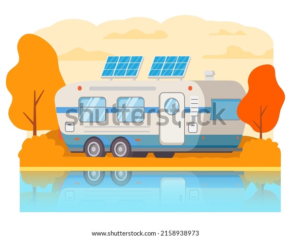 Eco-friendly motorhome.Solar panel\
van caravan.Renewable energy concept.Portable solar photovoltaic\
panel.Rv camper.Vector flat illustration.Mobile home.Autumn\
landscape.
