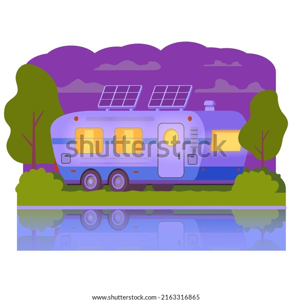 Eco-friendly\
motorhome.Solar panel van caravan.Renewable energy concept.Night\
tourist camp.Portable solar photovoltaic panel.Rv camper.Vector\
flat illustration.Mobile\
home.