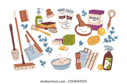 Productos de limpieza ecológicos naturales. Bioecológicos orgánicos de los suministros domésticos, accesorios limpios para el hogar. Herramientas de lavado sustentables. Ilustración vectorial gráfica plana aislada en fondo blanco