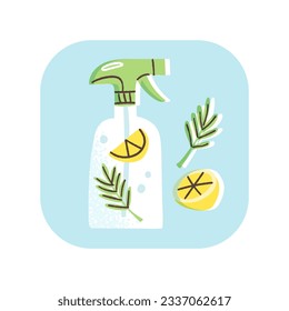 Eco-friendly natural cleanser in a spray bottle. Vector illustration of green cleaning concept.  Vinegar, lemon and herbs based solution. Flat hand drawn style.