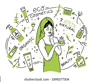 Eco-friendly natural organic cosmetics in Doodle style. A woman after taking a bath is smeared with cream.