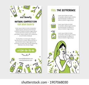 Eco-friendly natural organic cosmetics leaflet or flyer for printing in Doodle style. A woman after taking a bath is smeared with cream. Double-sided vector template.
