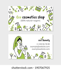 Eco-friendly natural organic cosmetics visit card for printing in Doodle style. A woman after taking a bath is smeared with cream. Double-sided vector template