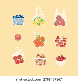 Eco-friendly net bags, canvas totes, and wooden boxes filled with fresh organic food including blueberry, lemon, tomato, apple, orange, cherry and strawberry. Healthy harvest and zero-waste shopping collection isolated on beige background.