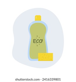 Eco-friendly, non-toxic detergent and dishwashing sponge. Bottle of product on a blue background. Flat vector illustration of washing dishes, cleanliness, cleaning.