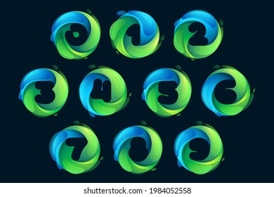 Eco-friendly numbers set inside a swirl green circle. Negative space style icon. Vector font for vegan emblem, botanical identity, zero waste projects, stop trash merchandise.