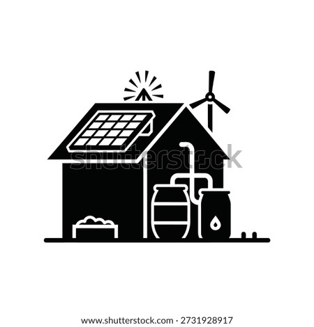 Eco-friendly off-grid house with solar panel and wind turbine vector illustration