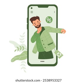 Ropa de compras en línea ecológica. El hombre barbudo en la pantalla del teléfono se prueba una chaqueta verde de moda hecha de material reciclado. Moda sostenible. Ilustración vectorial. Ropa de tienda ecológica móvil.