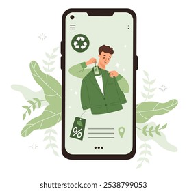 Eco-Friendly Online Compras roupas. Homem no telefone tenta em terno de negócios feito de material reciclado. Moda sustentável. Ilustração vetorial. Eco Shop no telefone celular, cuidado ambiental .