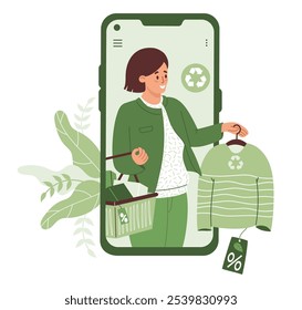 Eco-Friendly Online Shopping clothing sustainable fashion. Woman in phone with purchases buying fashionable sweater made from recycled material. Vector illustration. Eco Shop in mobile phone.