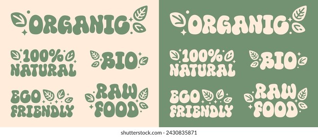 Eco-friendly organic 100% natural bio letterings bundle pack set. Sustainable leaves leaf concept. Label for ecological beauty and food products. Groovy retro vintage aesthetic printable text vector.