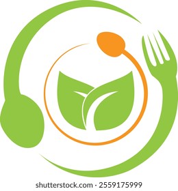 Eco-Friendly Organic Dining Logo Fork and Spoon with Leaf on White Background healthy food logo design, nature, herbal, organic, logo design icon, vector, symbol, idea, creative.