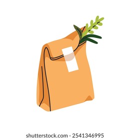 Paquete respetuoso del medio ambiente con la planta de hoja verde que se asoma hacia fuera. Bolsa de papel kraft biodegradable, paquete de regalo floral. Saco sostenible reciclable y reutilizable. Ilustración vectorial plana aislada sobre fondo blanco