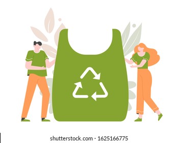 Eco-friendly packaging and bags. Zero waste life in eco style. Colorful vector flat characters with giant objects bag shopper.
