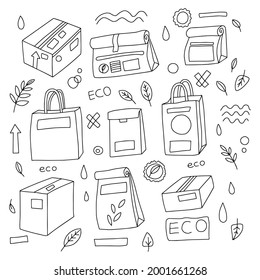 Eco-friendly packaging drawn with a line in doodle style. boxes, paper bags, lettering, leaves. can be used to decorate packaging or as a coloring book.