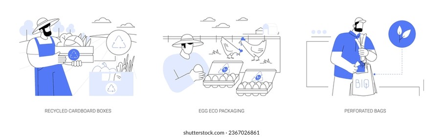Eco-friendly packaging for farm products abstract concept vector illustration set. Recycled cardboard boxes, egg eco packaging, sustainable food perforated bags, ecology care abstract metaphor.
