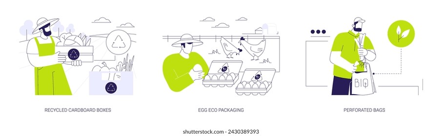 Eco-friendly packaging for farm products abstract concept vector illustration set. Recycled cardboard boxes, egg eco packaging, sustainable food perforated bags, ecology care abstract metaphor.