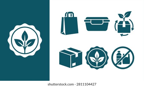 Eco-friendly Packaging Icons Set: Recyclable Bag, Reusable Container, Cardboard Box, Leaf Seal, and No Plastic Bottle Symbols. Flat vector illustration EPS 10.