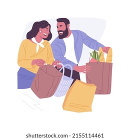 Eco-friendly packaging isolated cartoon vector illustrations. Couple loading purchases in eco-friendly bags into the trunk, family lifestyle, grocery shopping, buying food vector cartoon.