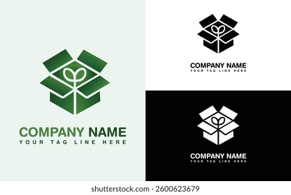 Eco-Friendly Packaging Logo with Plant Symbol, Sustainable Delivery Box with Green Leaf Design, Organic Shipping Logo for Eco Packaging Business, Minimalist Recyclable Box Logo with Sprout Icon