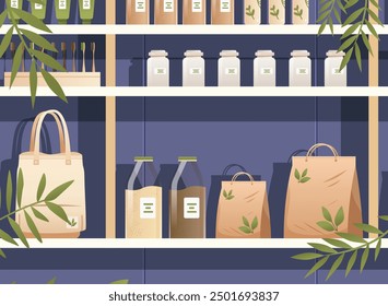 Productos de embalaje respetuosos del medio ambiente en estantes. La ilustración presenta bolsas reutilizables, frascos de vidrio, cepillos de dientes de bambú y plantas. Diseño minimalista en colores suaves