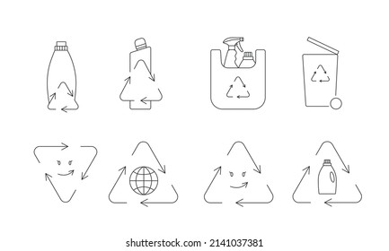 Eco-friendly packaging - recycle cleaning bottle icon concept of waste sorting. Editable stroke. Vector stock illustration isolated on white background for packaging logo print. EPS10 