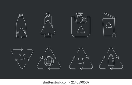 Eco-friendly packaging - recycle cleaning bottle icon concept of waste sorting. Editable stroke. Vector stock illustration isolated on black chalkboard background for packaging logo print. EPS10 