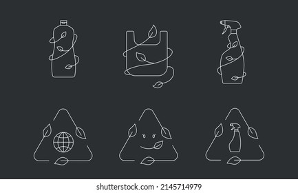 Eco-friendly packaging - recycle cleaning bottle icon concept of waste sorting. Editable stroke. Vector stock illustration isolated on black chalkboard background for packaging logo print. EPS10 
