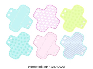 Eco-friendly pads for women vector illustrations set. Collection of cartoon drawings of different designs of reusable menstrual pads isolated on white background. Menstruation, hygiene concept