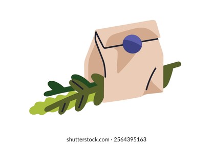 Eco-friendly paper bag. Biodegradable kraft package, gift with green leaf branches. Natural recycled plastic-free pouch sealed with label. Flat vector illustration isolated on white background