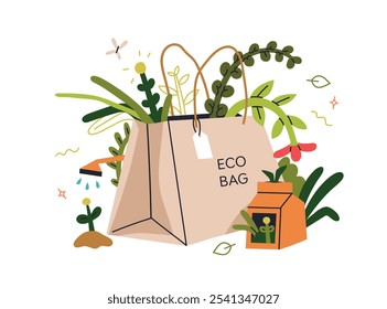 Eco-friendly paper bag, green leaf, plants, flowers. Green bio recycled shopping package for gift. Zero waste sustainable natural concept. Flat vector illustration isolated on white background