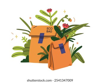 Eco-friendly paper bags with green leaf plants and flowers. Natural kraft package for sustainable shopping, zero-waste and conscious consumption. Flat vector illustration isolated on white background