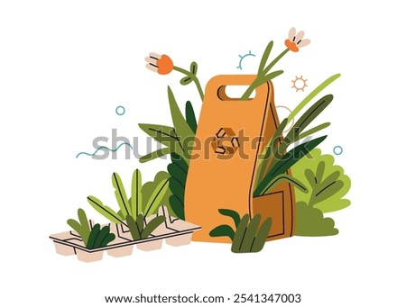 Eco-friendly paper bags, packs and green leaf plants, flowers. Natural bio package. Sustainable shopping. Zero-waste and conscious consumption. Flat vector illustration isolated on white background
