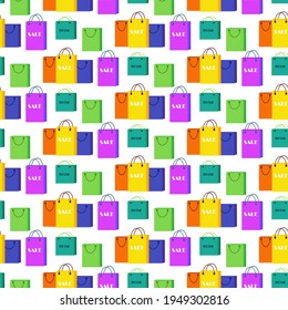 Eco-friendly paper bags for shopping. Pattern with multi-colored reusable shopping bags. Vector illustration. Modern design for packaging, flyers, brochures, designs and logos.