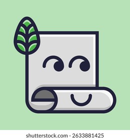 Eco-friendly paper scroll cartoon character with a friendly smile and a green leaf emblem, evokes eco-friendliness, sustainable practices, and knowledge.