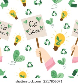 Eco-friendly pattern with "Go Green" signs, leaf-filled light bulbs, and recycling symbols, promoting sustainability and renewable energy. Eco-symbols concept of environmentally conscious eco life.