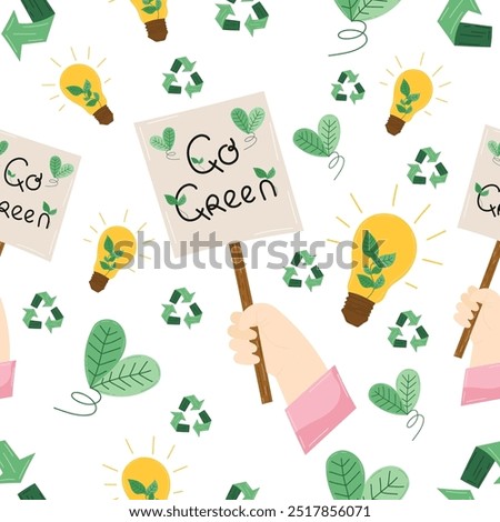 Eco-friendly pattern with "Go Green" signs, leaf-filled light bulbs, and recycling symbols, promoting sustainability and renewable energy. Eco-symbols concept of environmentally conscious eco life.
