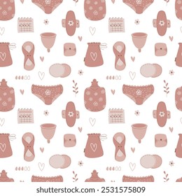 Padrão ecológico com produtos de higiene feminina reutilizáveis durante a menstruação. Almofada de pano, tigela, almofada de aquecimento, calendário de dias críticos
