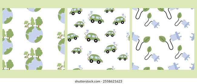 Eco-friendly patterns featuring nature, vehicles, and environmental elements