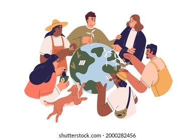 Eco-friendly people with Earth globe, saving planet, protecting and caring about environment. Concept of ecology awareness and sustainability. Flat vector illustration isolated on white background