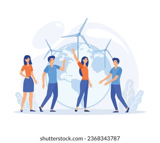 Eco-friendly people with Earth globe, saving planet, protecting and caring about environment. ecology awareness and sustainability. flat vector modern illustration