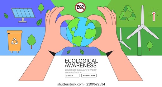 Eco-friendly people hand hold Earth globe, saving planet, protecting and caring about environment. Concept of ecology awareness and sustainability web banner, poster, placard.  Vector illustration.